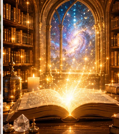 Ilustración de un libro abierto en una biblioteca, con un arco y luces estelares.