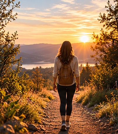 Persona caminando por un sendero entre árboles al atardecer.