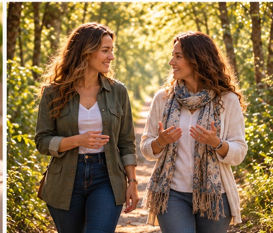 Dos mujeres conversan mientras caminan por un sendero arbolado.